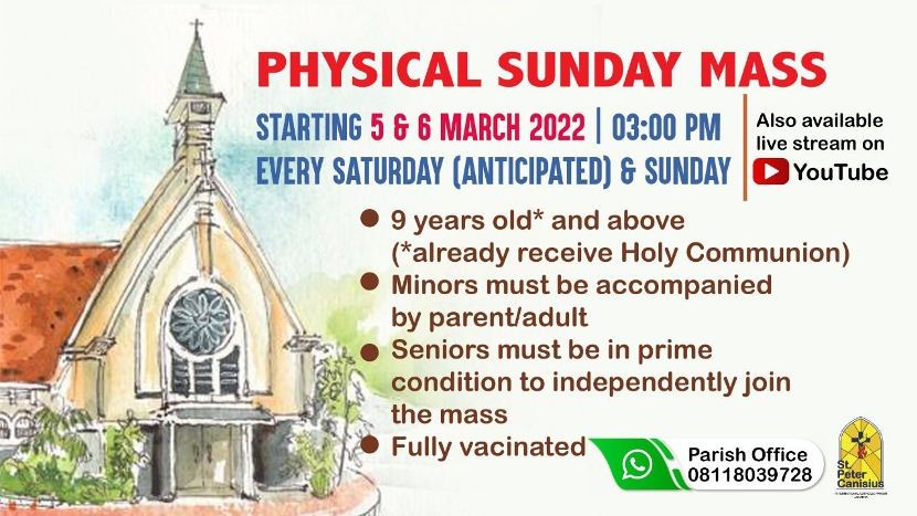 Physical Sunday Mass - 5th & 6th March 2022 03.00 pm